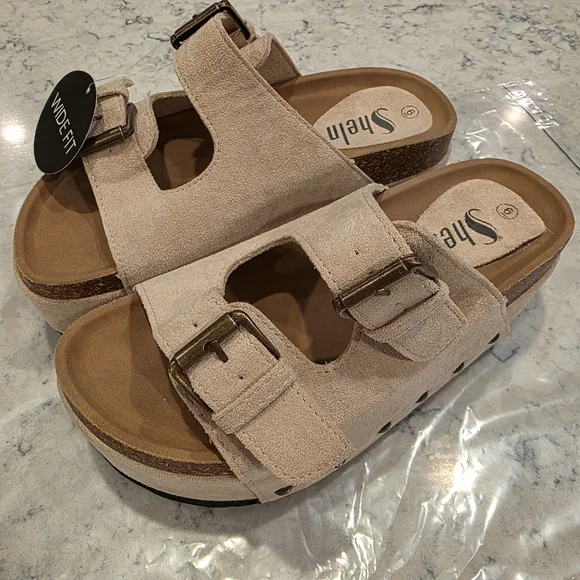 Sheln Women's Wide Fit Open Toe Double Buckle Cork Footbed Slide Sandals 6 WIDE - Picture 3 of 9